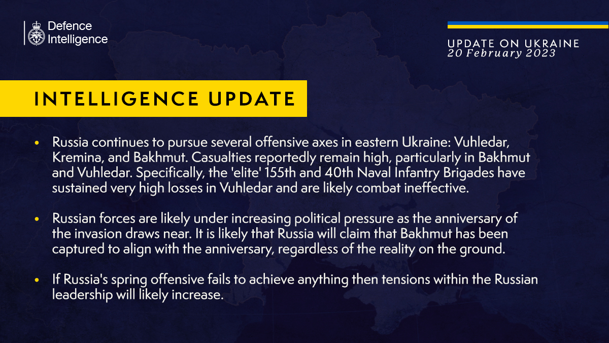Latest Defence Intelligence update on the situation in Ukraine - 20 February 2023